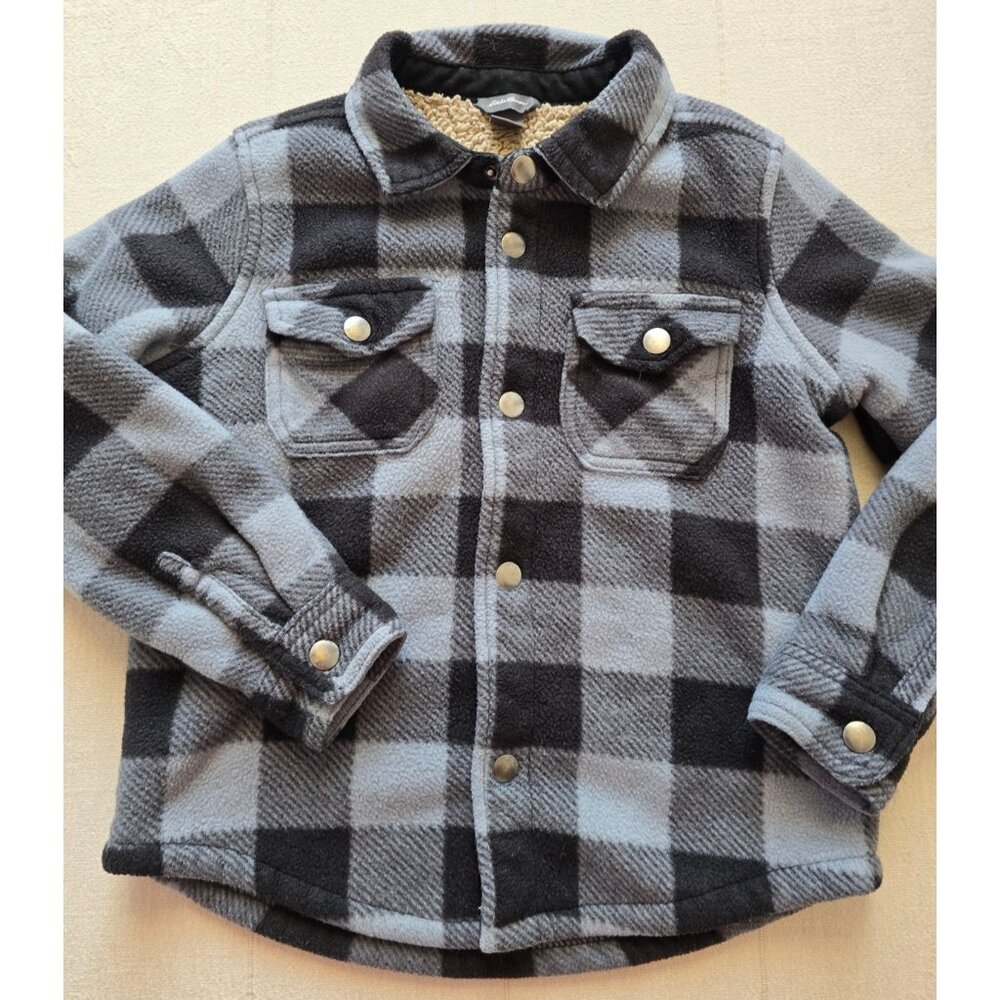Eddie Bauer Kids Plaid Fleece Lined Shirt Jacket Black Gray Size 6/7 Youth Snap